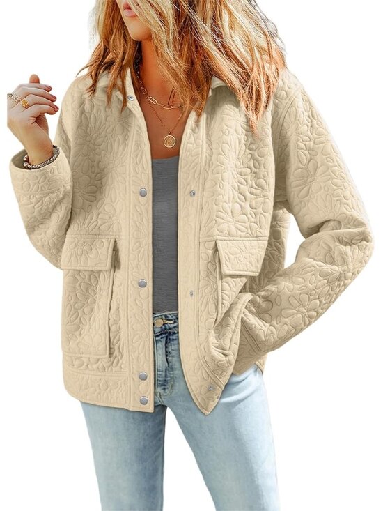Jackets & Blazers - 〽️Women Beige Casual Warm Winter Long Sleeve Jacquard Turn Down Collared Shacket